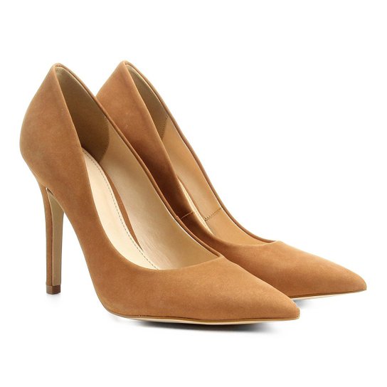 Scarpin Couro Shoestock Salto Alto Nobuck - Caramelo