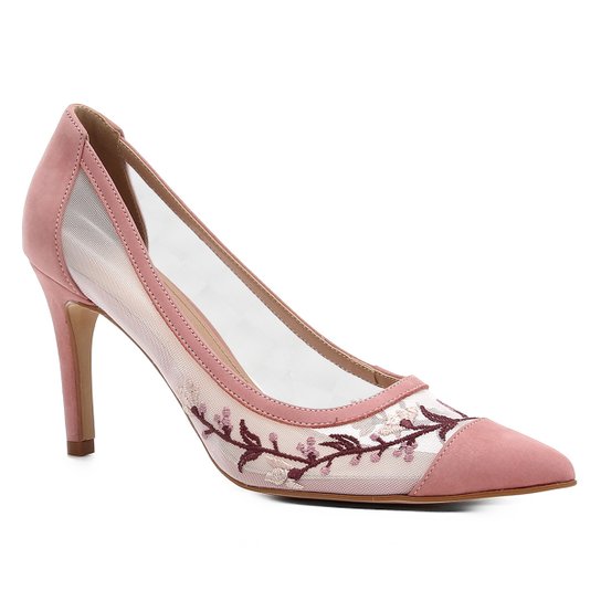 Scarpin Couro Shoestock Salto Alto Tela Bordado - Rosa