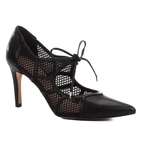 Scarpin Couro Shoestock Salto Alto Tela - Preto