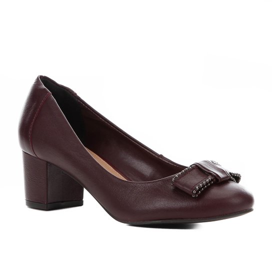 Scarpin Couro Shoestock Salto Bloco Laço - Vinho