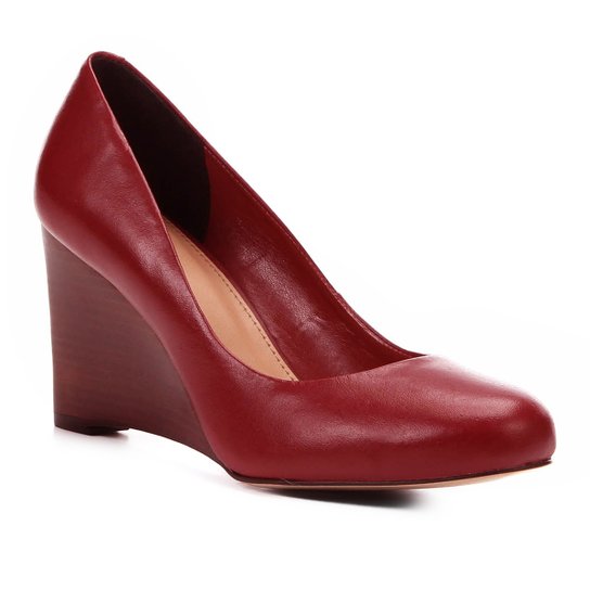 Scarpin Couro Shoestock Salto Médio Anabela - Vinho