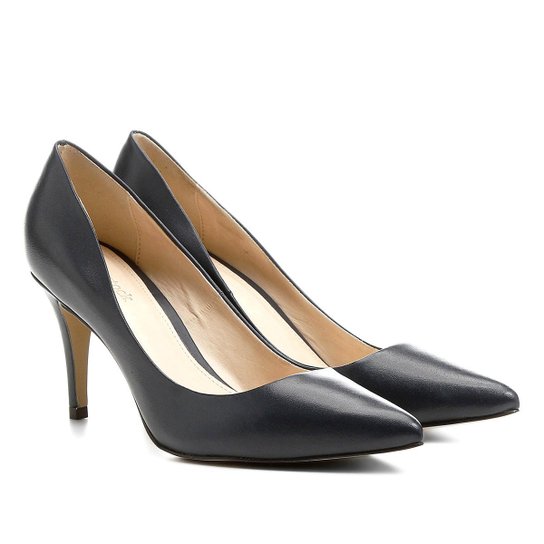 Scarpin Couro Shoestock Salto Médio Bico Fino - Marinho