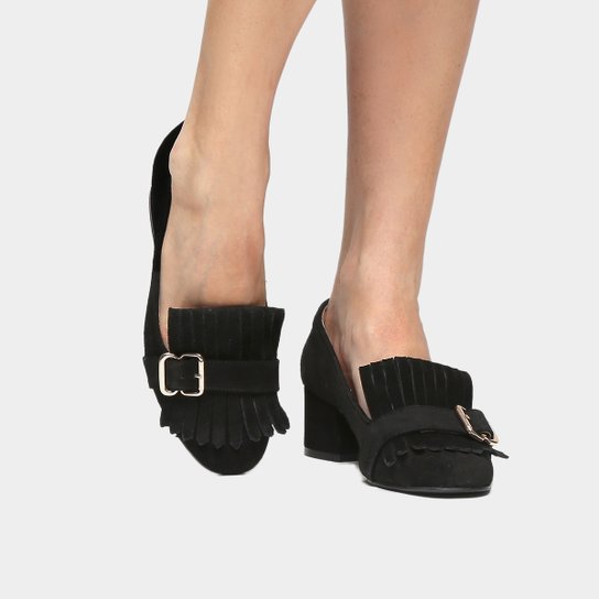 Scarpin Couro Shoestock Salto Médio Franja - Preto