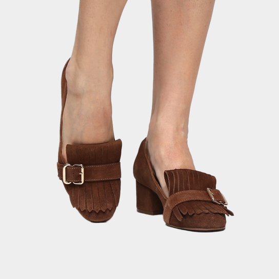 Scarpin Couro Shoestock Salto Médio Franja - Caramelo