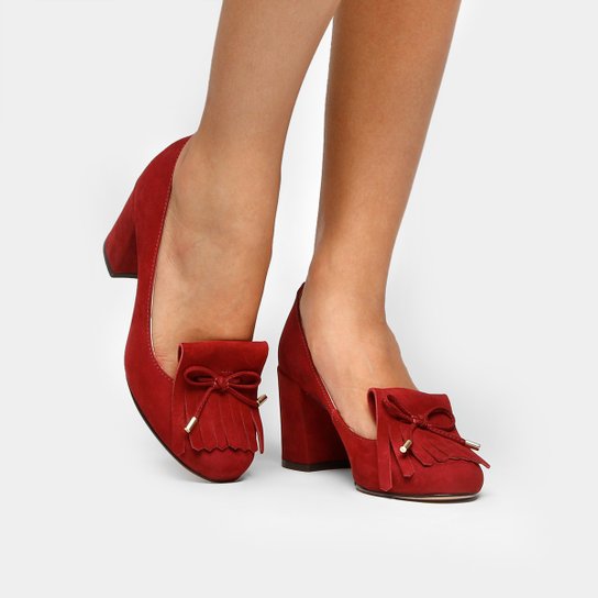 Scarpin Couro Shoestock Salto Médio Franjas - Vinho
