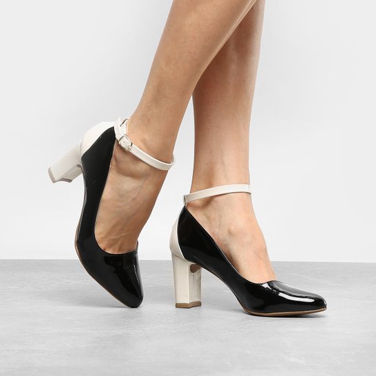 Scarpin Drezzup Salto Médio Bicolor Tira - Preto+Off White