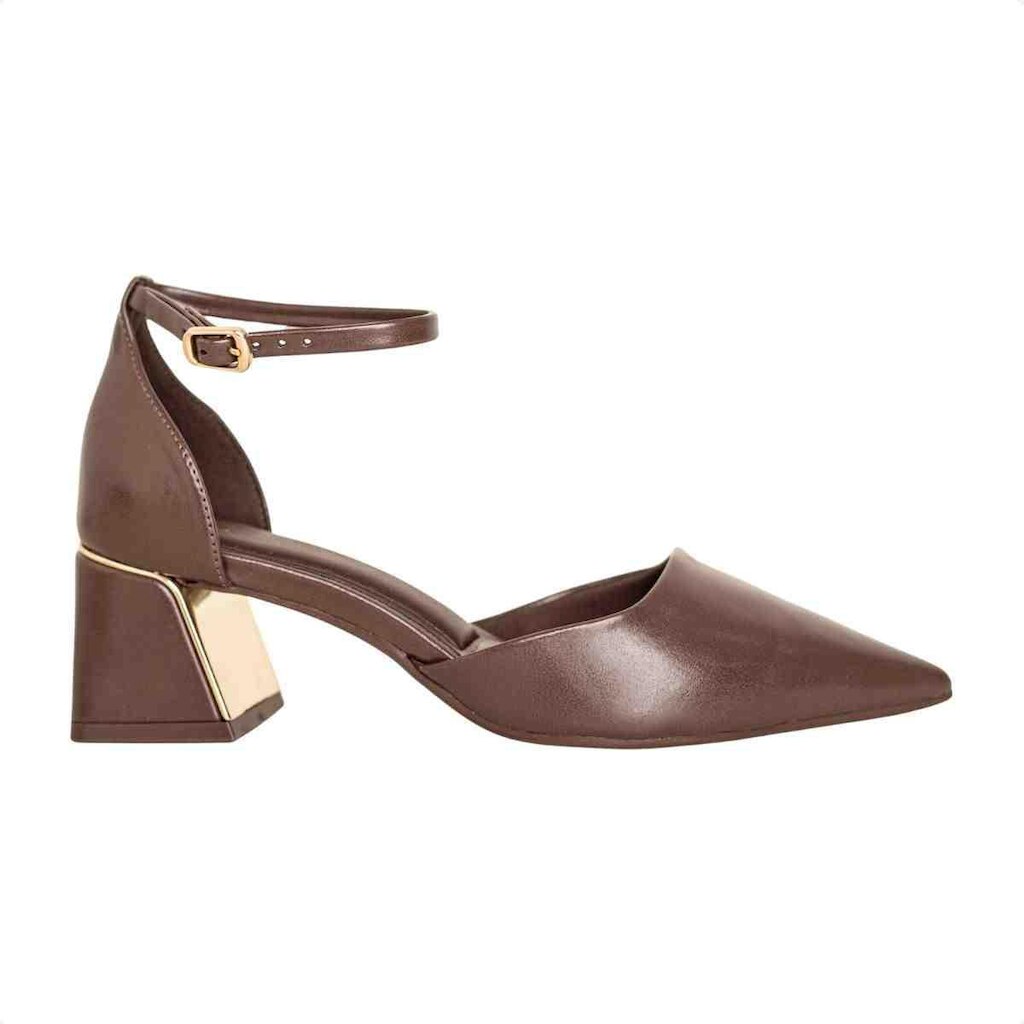 SCARPIN FEMININO DM SALTO BLOCO COM FIVELA MARROM EXPRESSO