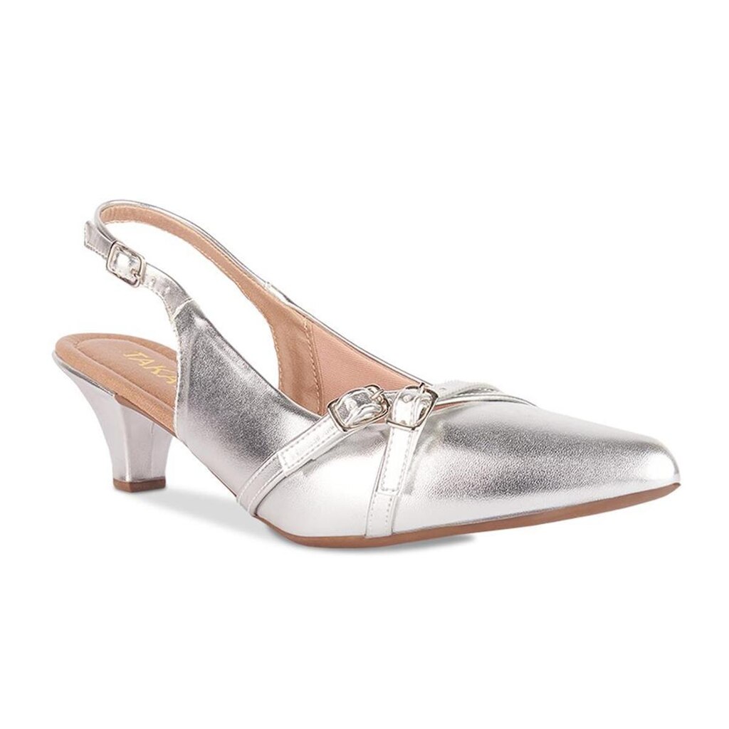 Scarpin Feminino Salto Baixo Slingback Fivelas Metalizado