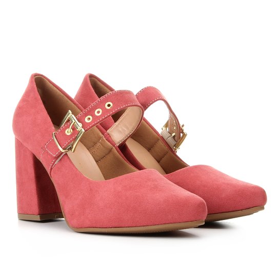 Scarpin Griffe Boneca Salto Alto Bico Fino - Coral
