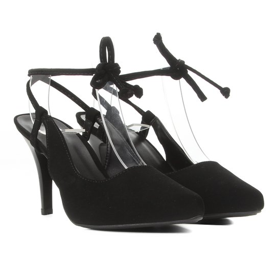 Scarpin Griffe Chanel Salto Fino Amarração Suede - Preto