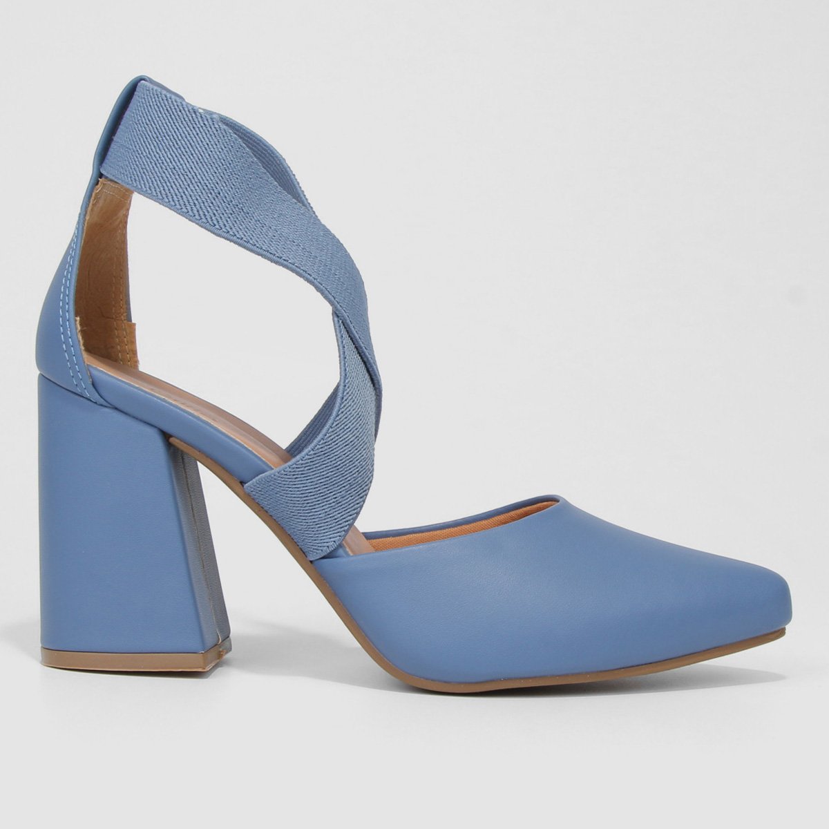 Scarpin Griffe Salto Alto Grosso Tiras Cruzadas - Azul Menor preço em Scarpin Griffe Salto Alto Grosso Tiras Cruzadas - Azul