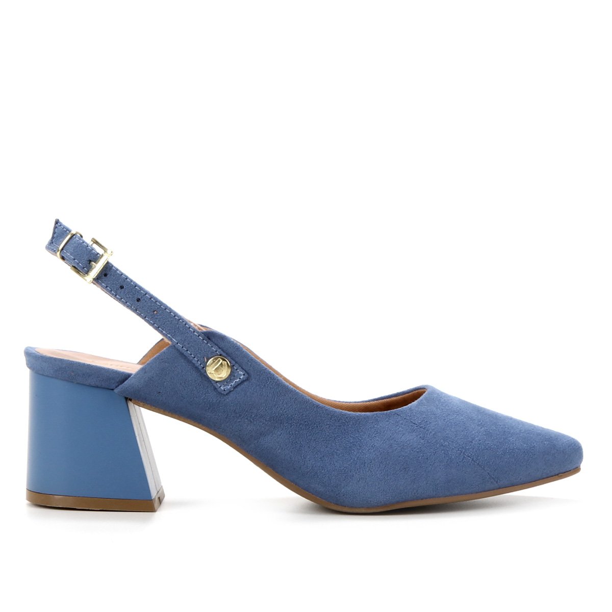 Scarpin Griffe Salto Grosso Liso Bico Fino - Azul Menor preço em Scarpin Griffe Salto Grosso Liso Bico Fino - Azul