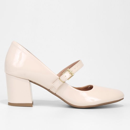 Scarpin Griffe Salto Médio Grosso Boneca Verniz - Off White