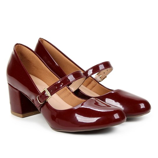Scarpin Griffe Salto Médio Grosso Boneca Verniz - Vinho
