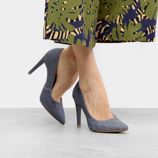 Scarpin Mixage Salto Alto Fino Jeans - Jeans