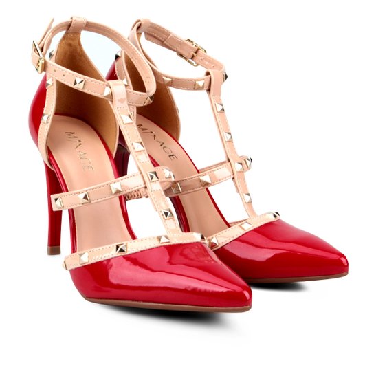Scarpin Mixage Salto Alto Multi Tiras Metais - Vermelho+Bege