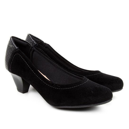 Scarpin Modare Bico Redondo Salto Baixo Detalhe Croco - Preto