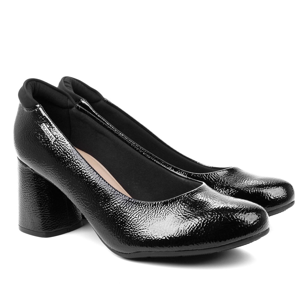 Scarpin Modare Bico Redondo Salto Bloco Médio Alto Brilho - Preto Menor preço em Scarpin Modare Bico Redondo Salto Bloco Médio Alto Brilho - Preto