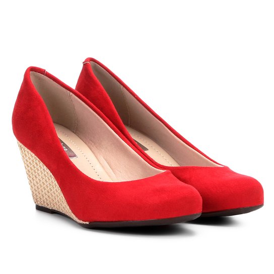 Scarpin Moleca Salto Médio Anabela Ráfia - Vermelho