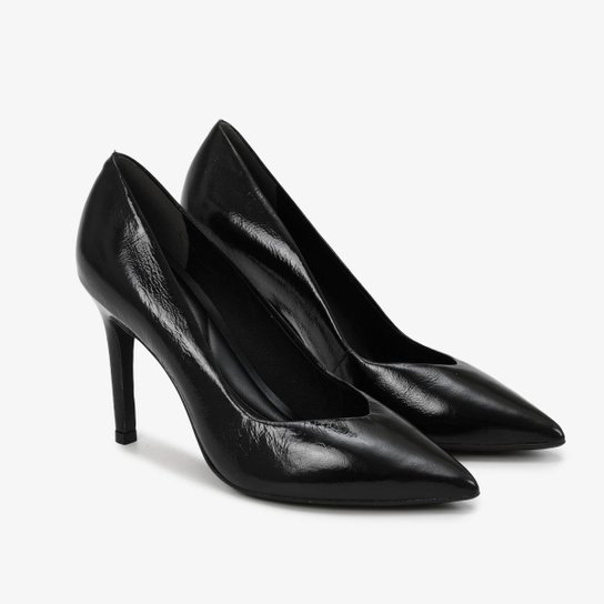 Scarpin Salto Alto em Couro Preto Brilhoso Loucos e Santos