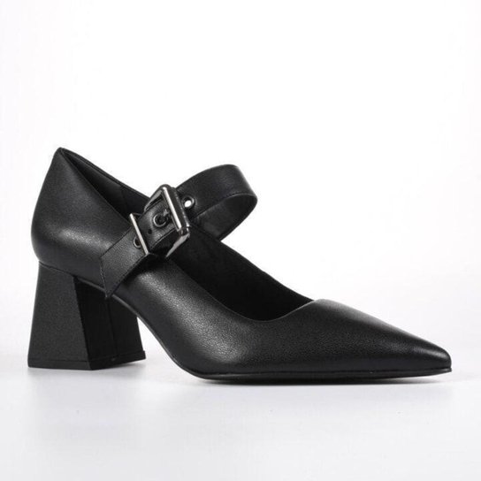 Scarpin Salto Bloco em Couro Preto Loucos e Santos
