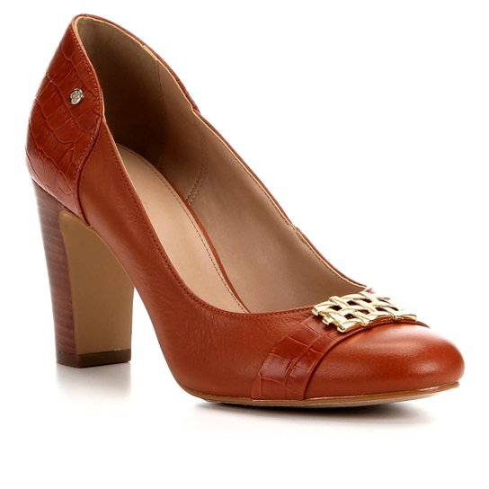 Scarpin Shoestock Couro Salto Alto Bloco - Caramelo