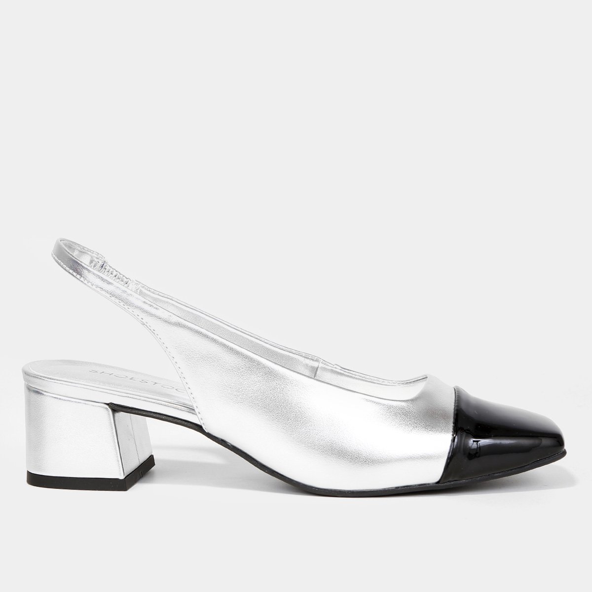 Scarpin Shoestock Slingback Salto Bloco Médio - Preto+Prata Menor preço em Scarpin Shoestock Slingback Salto Bloco Médio - Preto+Prata