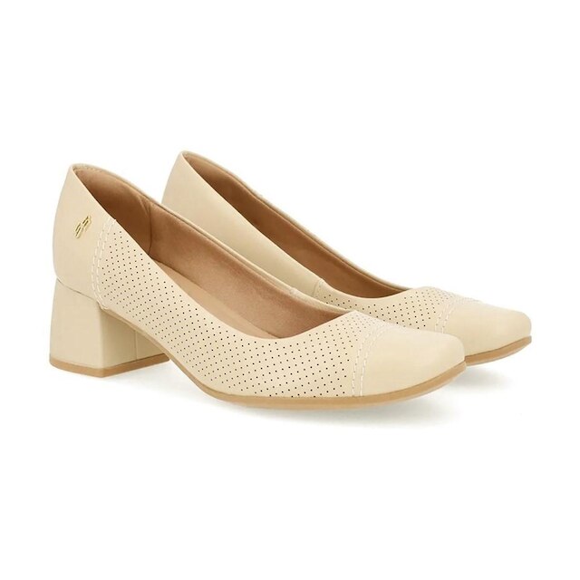 Scarpin Usaflex Feminino Couro Salto Bloco Furos Casual UC0101