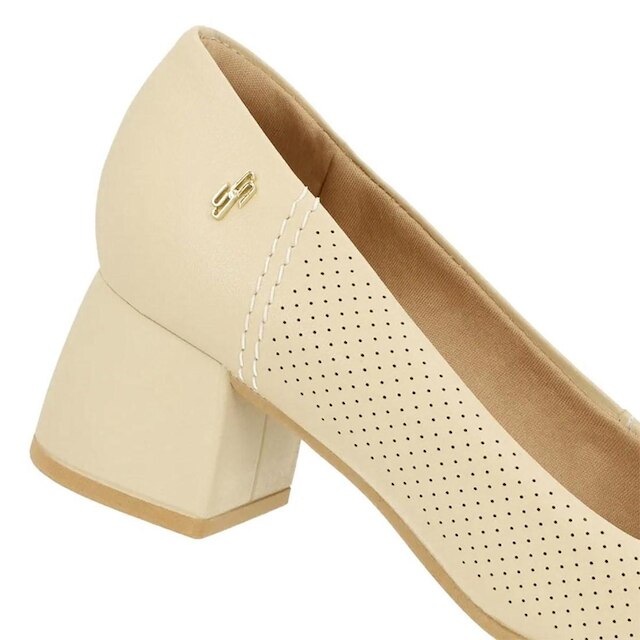 Scarpin Usaflex Feminino Couro Salto Bloco Furos Casual UC0101