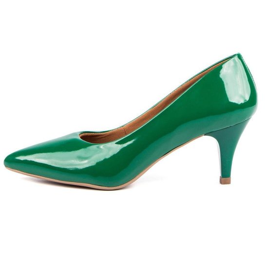 Scarpin Verniz Di Scarp Salto Baixo Básico Leve Feminino - Verde escuro