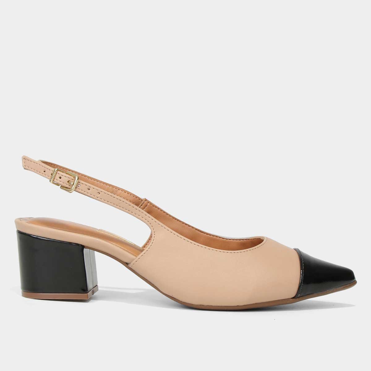 Scarpin Vizzano Salto Bloco Slingback - Bege+Preto Menor preço em Scarpin Vizzano Salto Bloco Slingback - Bege+Preto