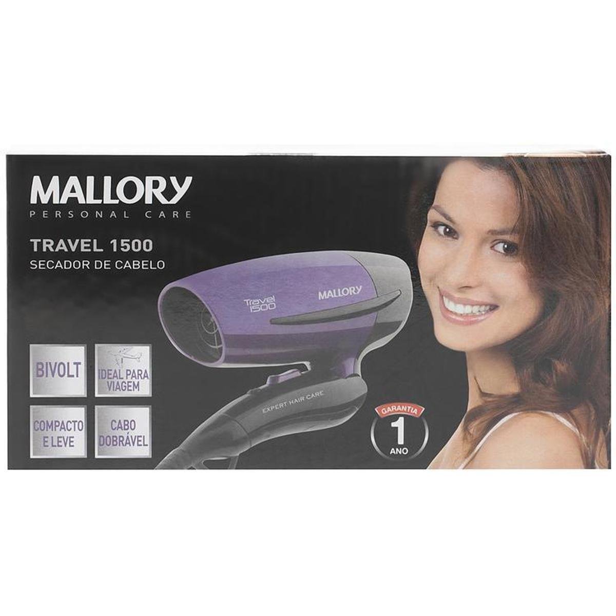Secador de Cabelo Mallory Travel 1500 - Bivolt - Preto+Lilás | Zattini