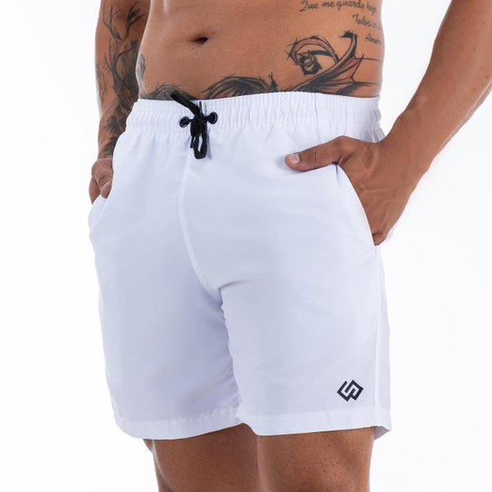 Short Branco Bermuda Praia Tactel Liso Logo Preto Masculino Premium