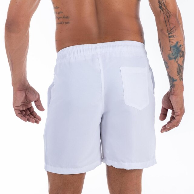 Short Branco Bermuda Praia Tactel Liso Logo Preto Masculino Premium