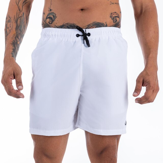 Short Branco Bermuda Praia Tactel Liso Logo Preto Masculino Premium