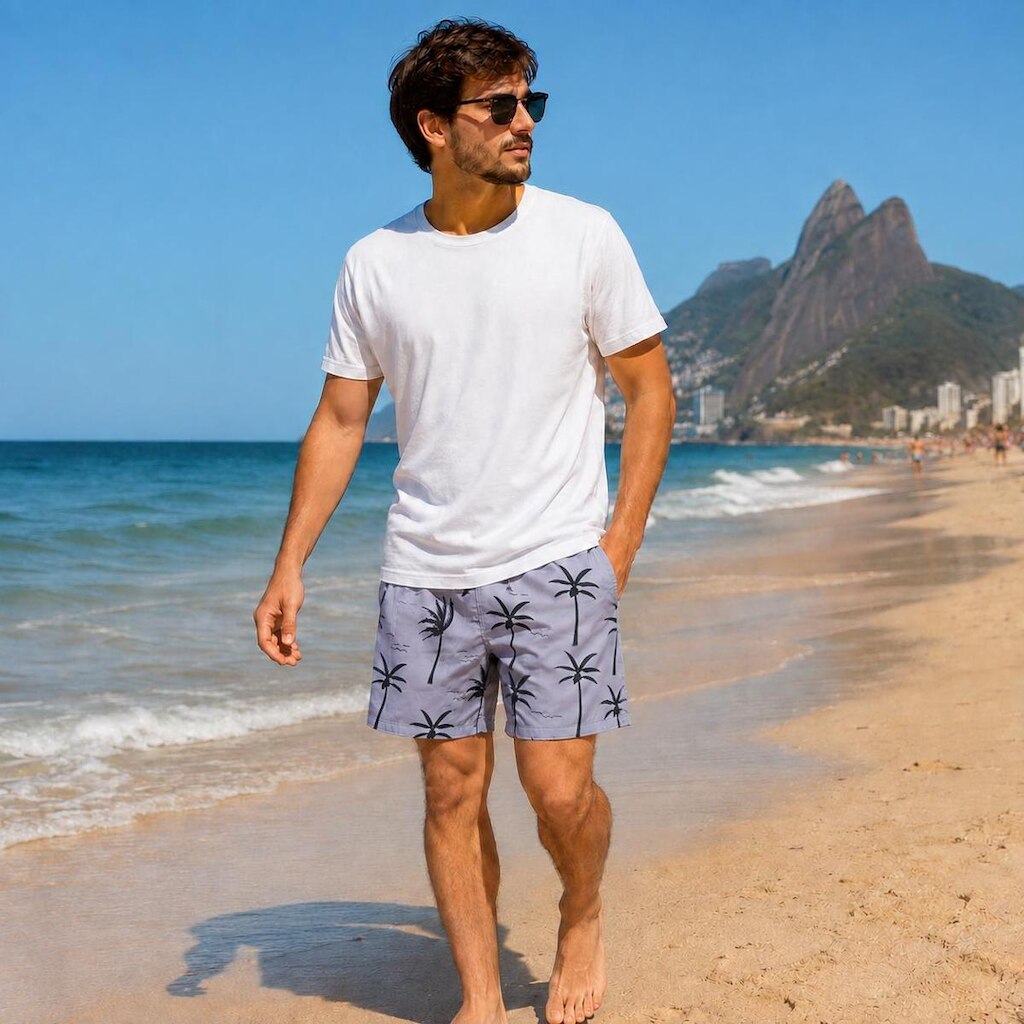 Short Casual Estampado de Coqueiro Com O Fundo Escuro
