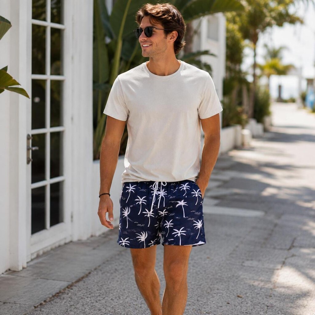 Short Casual Estampado de Coqueiro Com O Fundo Escuro