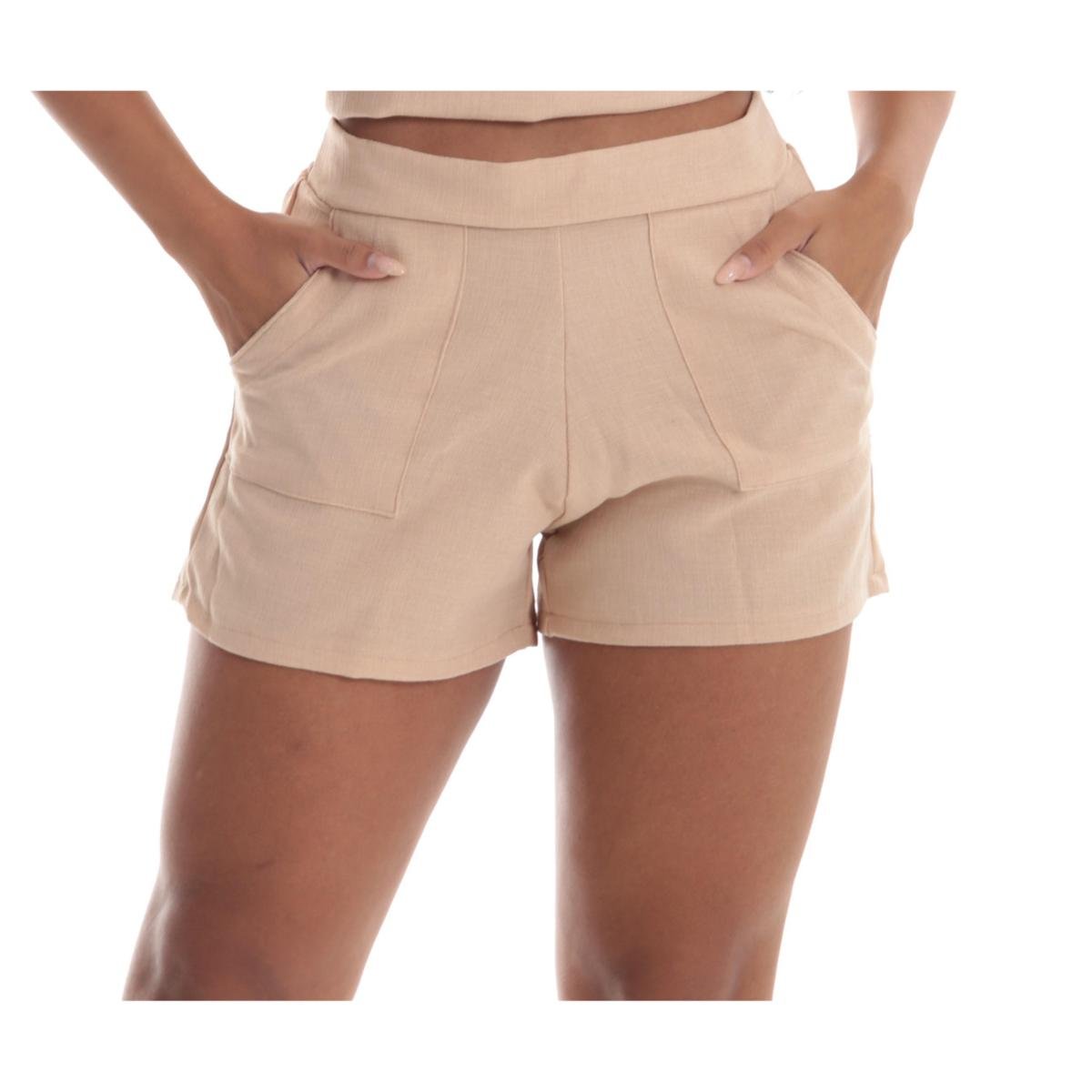 Short de Linho Feminino com Bolso - Nude Menor preço em Short de Linho Feminino com Bolso - Nude