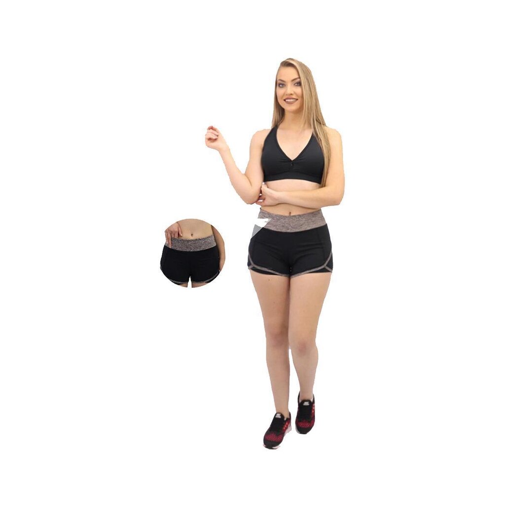 Short Feminino Flamê Preto com Cinza Mescla com shortinho de lycra interno