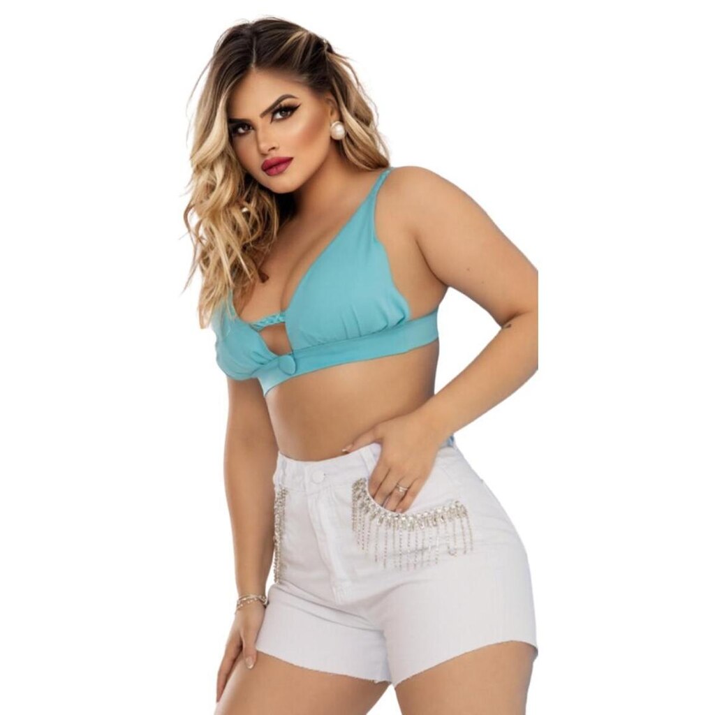 Short Feminino Jeans Barra Fio Com Strass e Pedraria