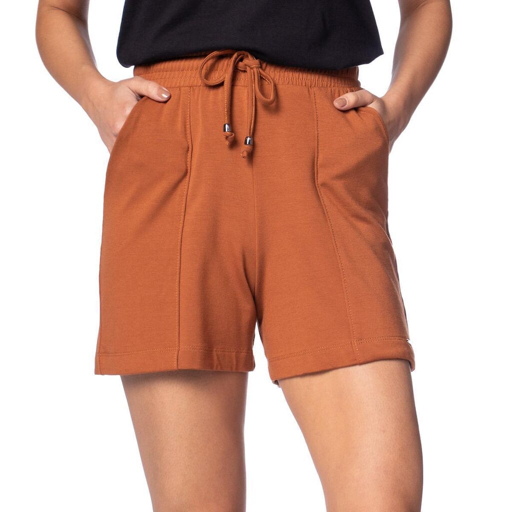 Short Feminino Olho Fatal Em Moletinho Bolsos Marrom Claro