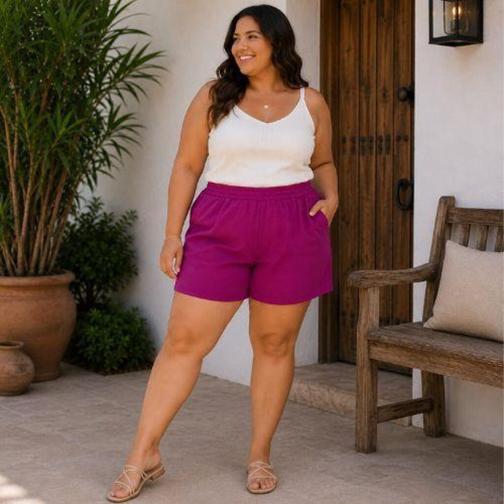 Short Feminino Soltinho Texturizado em Poliéster com Bolsos e Elástico na Cintura Cereja Rosa