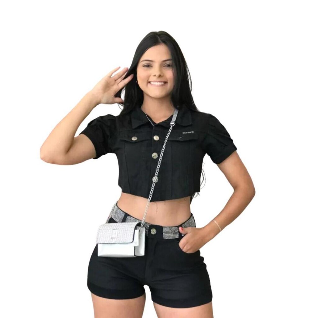 Short Jeans Curto Barra Feita Com Strass No Cós