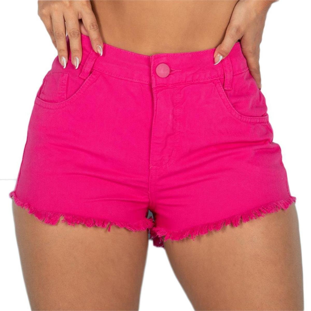 Short Jeans Curto Liso Barra Desfiada Cintura Alta - Pink Menor preço em Short Jeans Curto Liso Barra Desfiada Cintura Alta - Pink