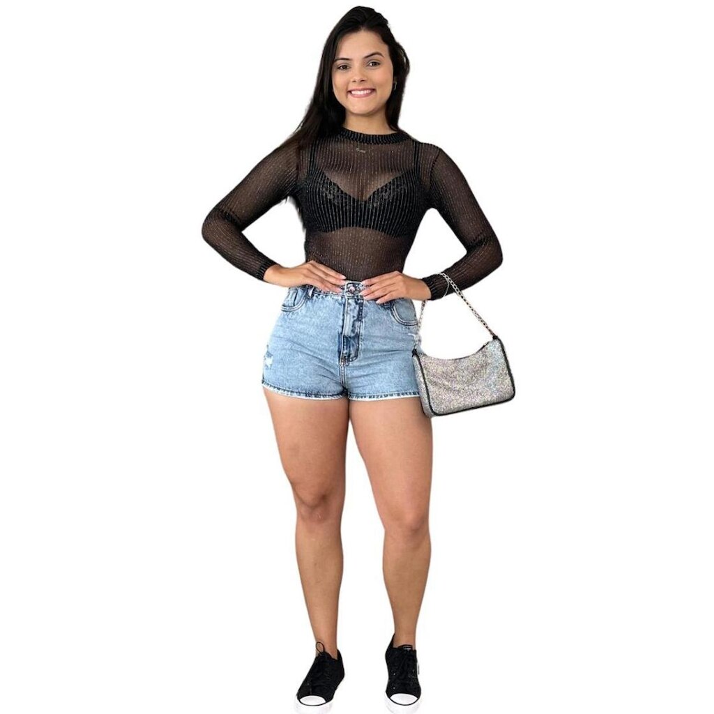Short Jeans Fernanda Com Tachas No Cós Barra Feita