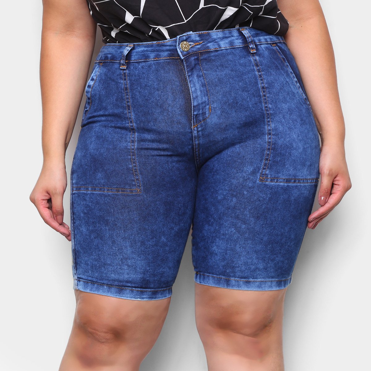 Short Jeans Naiff Plus Size Estonada Feminina - Azul