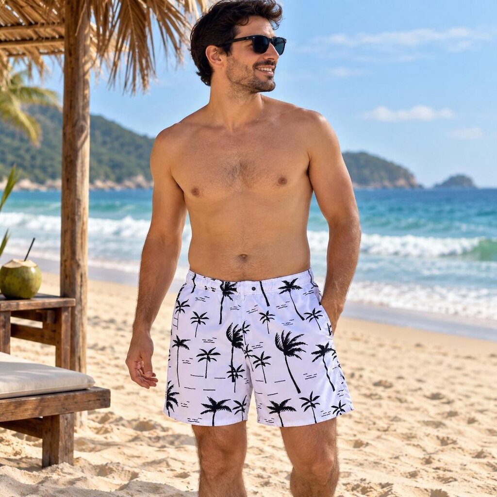 Short Masculino Tactel Praia Estampado Coqueiros com Bolsos