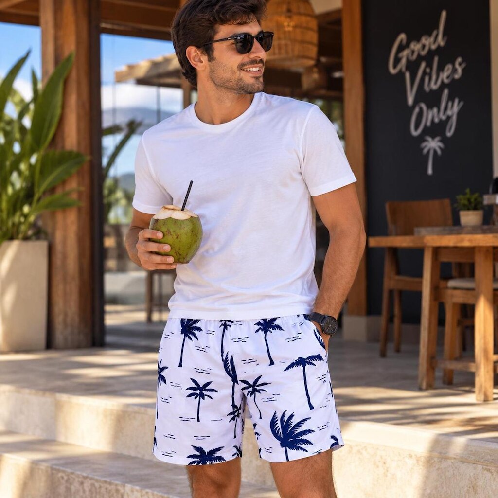 Short Masculino Tactel Praia Estampado Coqueiros com Bolsos