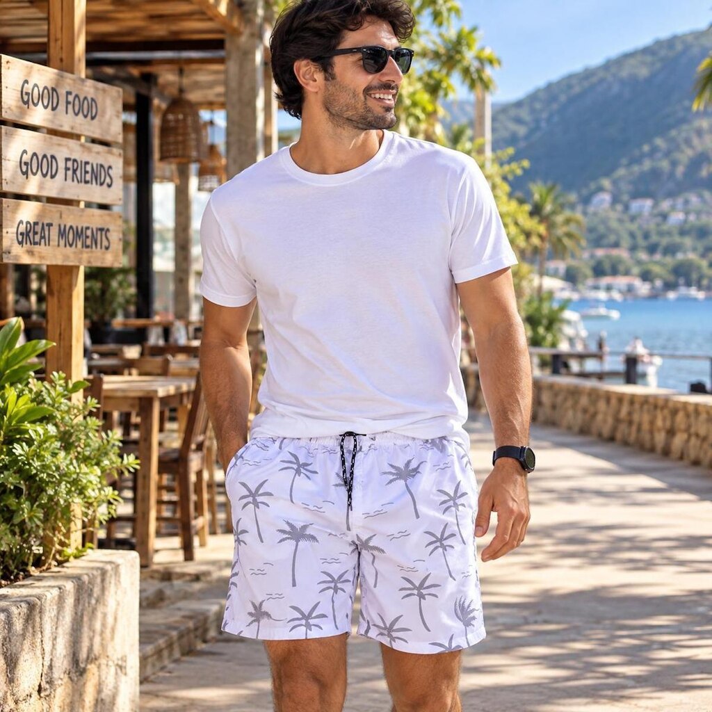 Short Masculino Tactel Praia Estampado Coqueiros com Bolsos