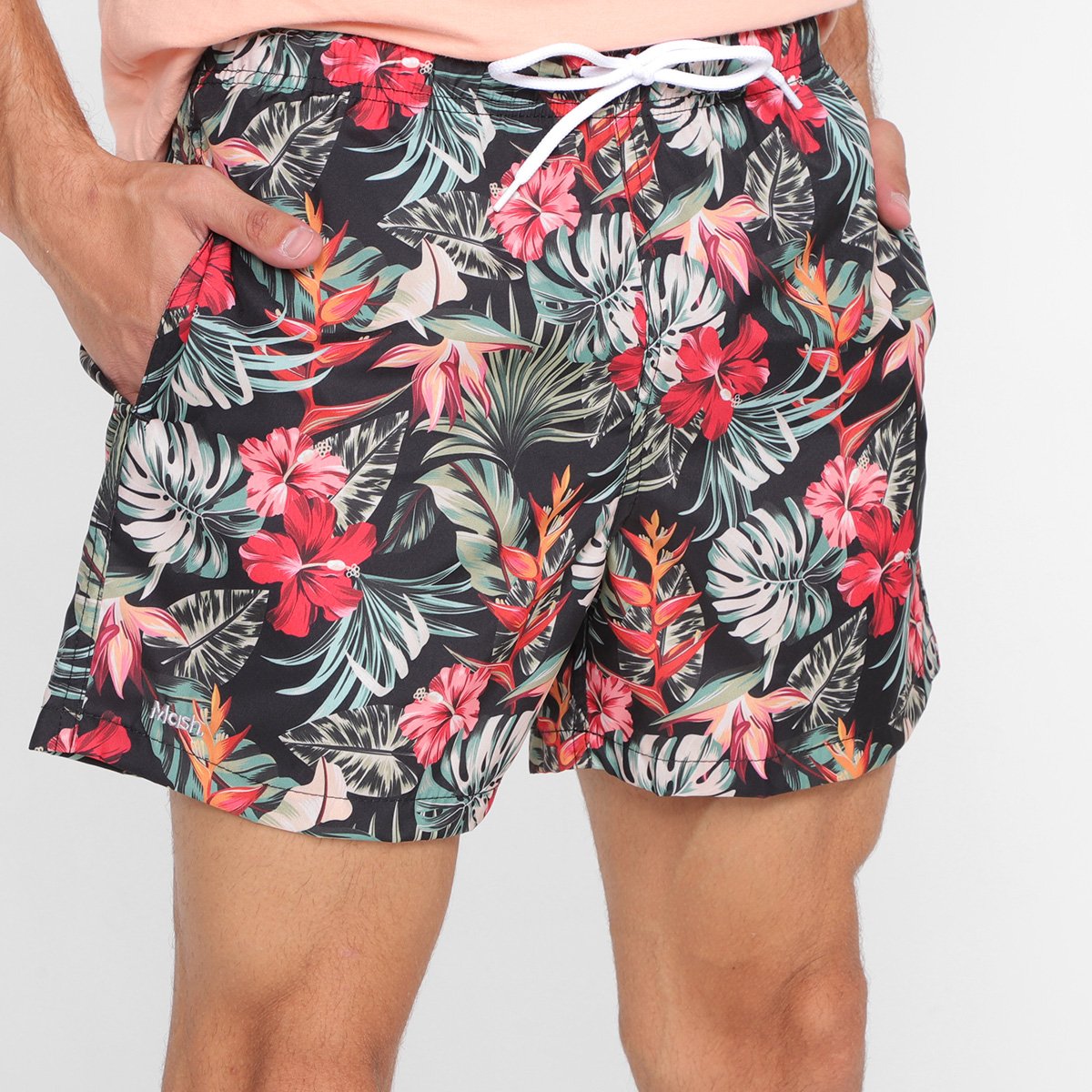 Short Praia Curto Mash Estampado Masculino - Preto+Vermelho Menor preço em Short Praia Curto Mash Estampado Masculino - Preto+Vermelho